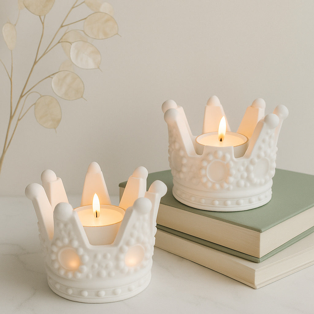 Set of 2 Crown Tealight Holders – White Ceramic Candle Accessories